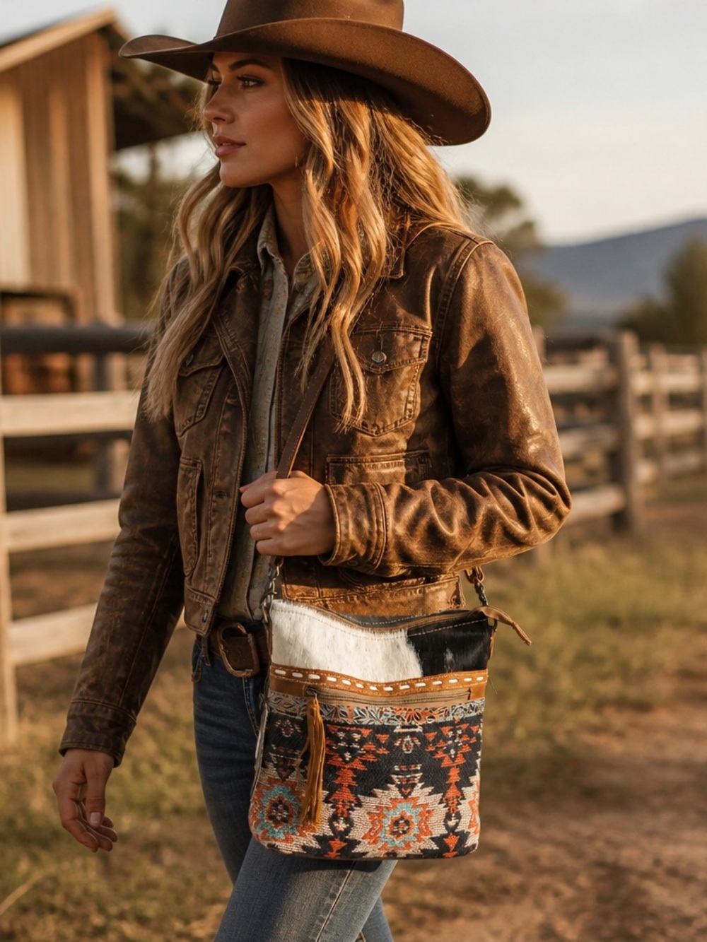New Myra Bag Boho Aztec Crossbody with Cowhide & Embossed Leather Trim - Picture 2 of 10